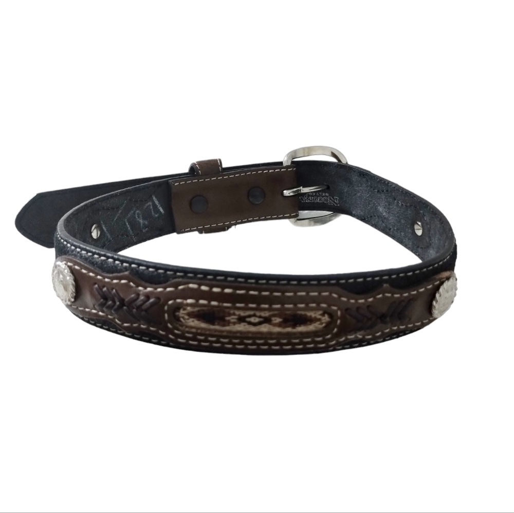 Nocona Western Boys Belt Youth Brown/Black‎ Leather Fabric Inset w/Conchos sz 22